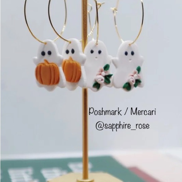 Boho Floral Ghost Handmade Earrings Polymer Clay Womens Halloween Jewelry NEW - Picture 2 of 2